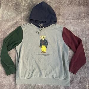 Men's Polo Ralph Lauren Fleece Bear Gray Color Block Hoodie Sweatshirt Sz 2XL